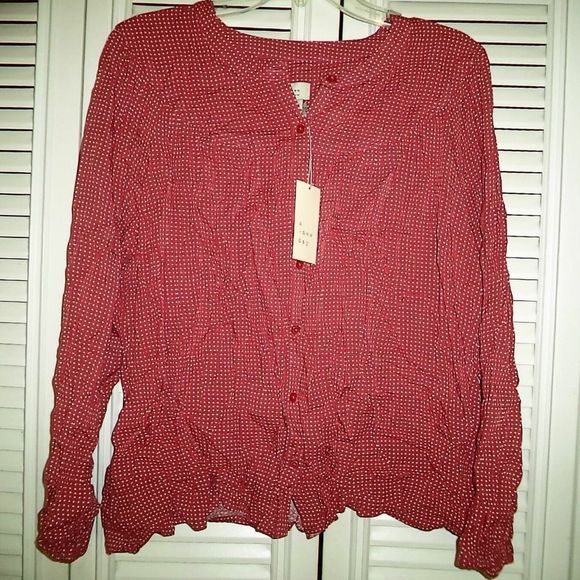 NEW! A NEW DAY LONG SLEEVE BUTTON UP TOP PINK/WHITE POLKA DOT-WOMENS SIZE XL - Picture 1 of 4